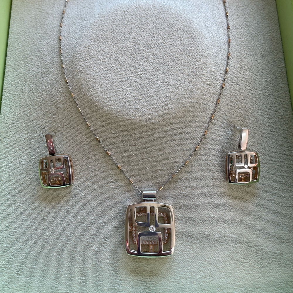 Two tone 14 Karat White and Rose Gold Necklace and Earrings